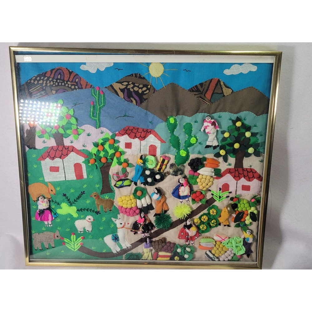 VTG Framed Peruvian Arpillera Fabric Folk Art 3D Applique Tapestry 19.5" X 17.5"
